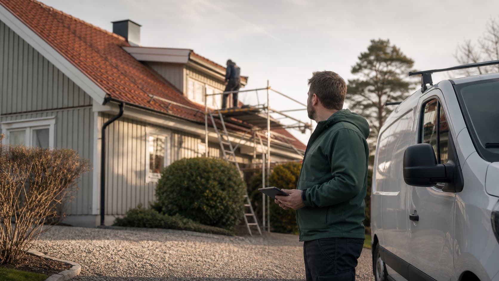 Yrkesperson granskar projektunderlag vid en arbetsbil